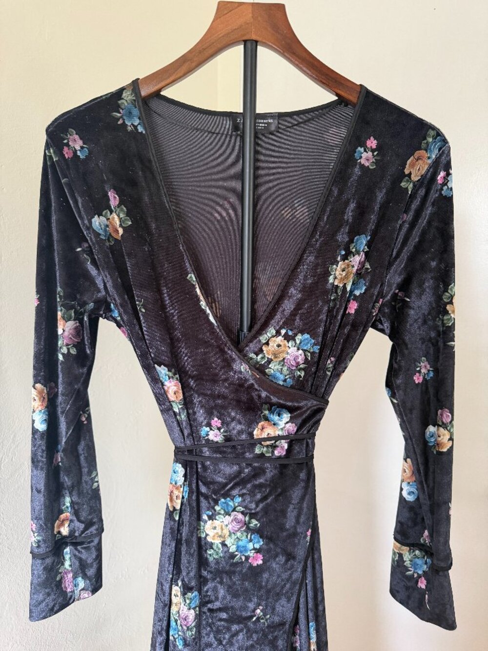 Zara Black Crushed Velvet Floral Wrap Maxi Dress - Size S (fits M)